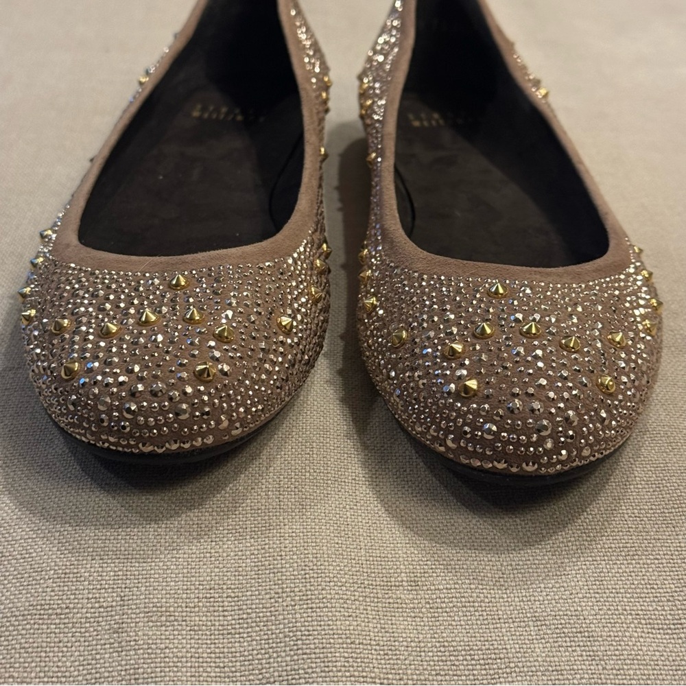 STUART WEITZMAN Crystal Embellished Suede Ballet Flats - Taupe - Size 9 - Picture 9 of 11